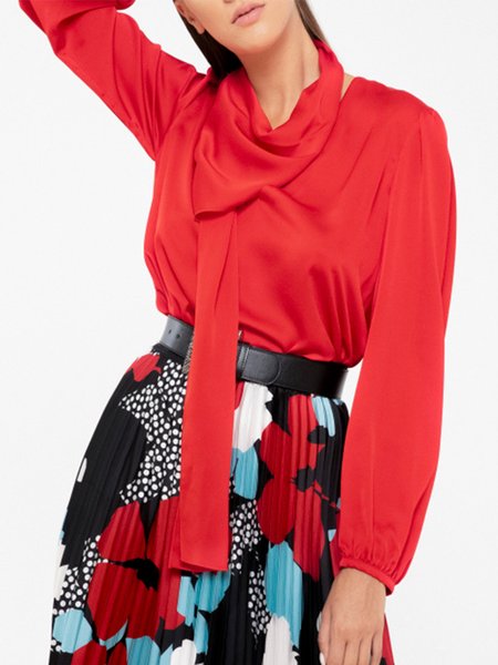 

Long Sleeve Solid V Neck Lady Top, Red, Tops
