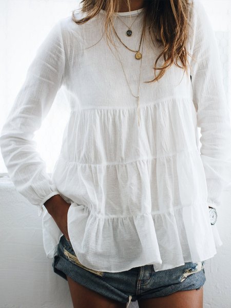 

Plain Long Sleeves Crew Neck Plus Size Casual Tops, White, Tops