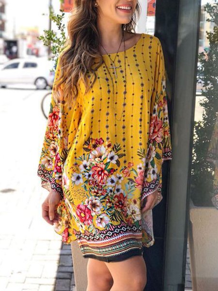

Vacation Floral Loosen Daily Mini Dress, Yellow, Mini Dresses