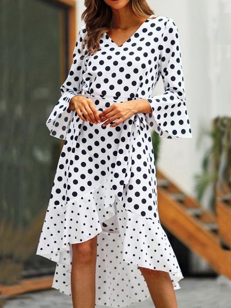 

Polka Dots Loosen Flare Sleeve V Neck Dresses, Black-white, Midi Dresses