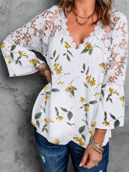 

Floral Lady V Neck Shirts & Tops, White, Long sleeve tops