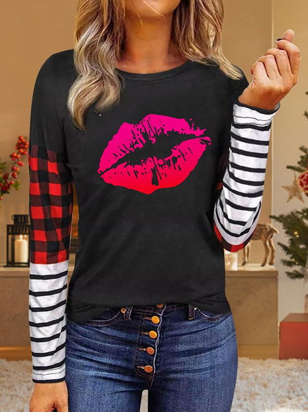 

Valentine's Day Lip Plaid Striped Print Long Sleeve Top, Black, Tops