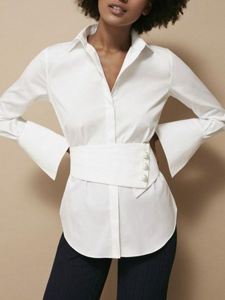 

Elegant Cotton Blends Shirt Collar Top, White, Blouses and Shirts