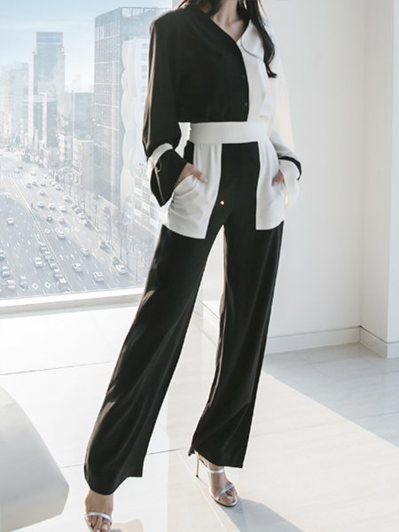 

Elegant V Neck Daily Color Block Top, Black-white, Tops