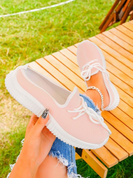 

Plain Lace-up Mesh Sneakers, Pink, Sneakers