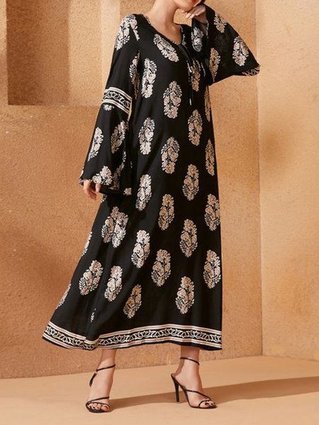 

Vacation V-neck ethnic floral loose A-line dress, Multicolor, Formal Dresses