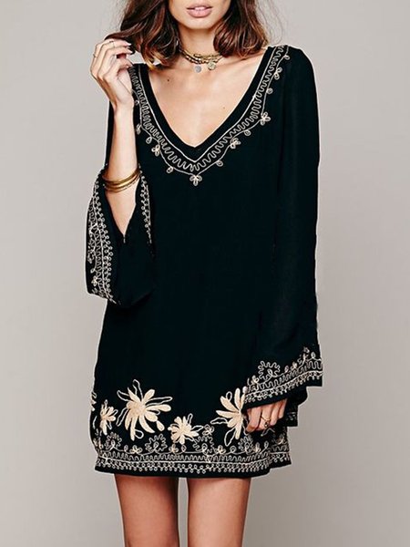 

V Neck Long Sleeve Floral Mini Dress, Black, Mini Dresses