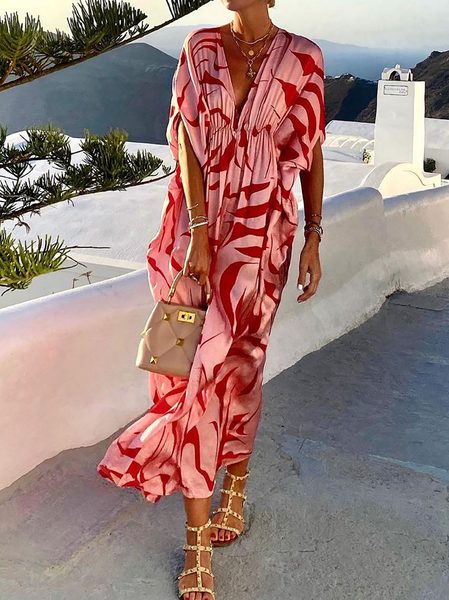 

Plus size Printed Holiday Boho Short sleeve Woven Dress, Red, Maxi Dresses