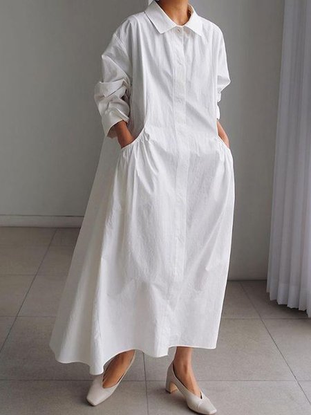 

Oversize Casual Shirt Collar Maxi Dress, White, Maxi Dresses