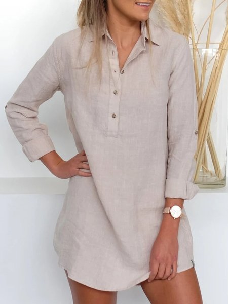 

Plain Long Sleeves Buttoned Plus Size Casual Cotton Shirt Dresses, Khaki, Mini Dresses