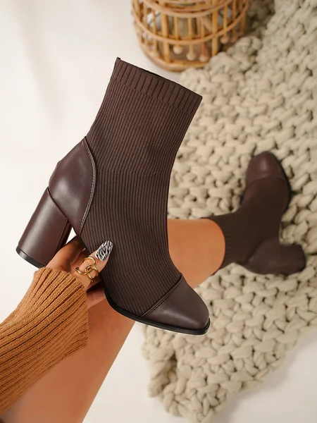 

PU Leather Stitching Classic Comfortable Thick Heel Sock Sock Boots, Brown, Boots
