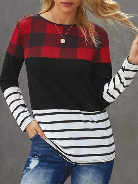

Checked/Plaid Casual Round Neck Loosen Shirts & Tops, Multicolor, Tops