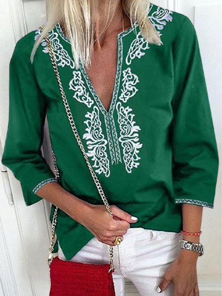 

Casual V Neck Tribal Embroidered Three Quarter Loosen Shirts & Tops, Green, Tops