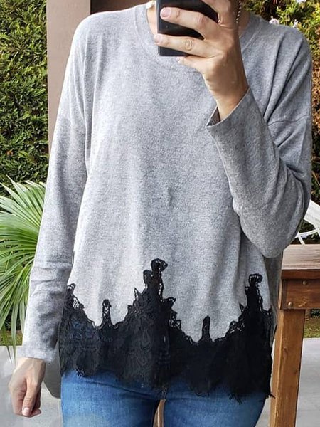 Loosen Casual Cotton Blends Solid Shirts & Tops, Gray, T-Shirts