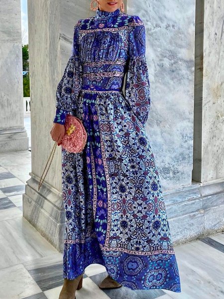 

Loosen Tribal Stand Collar Dresses, Blue, Maxi Dresses