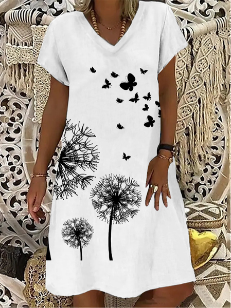 

Short sleeve Dandelion V Neck Casual Weaving Dress, White, Mini Dresses