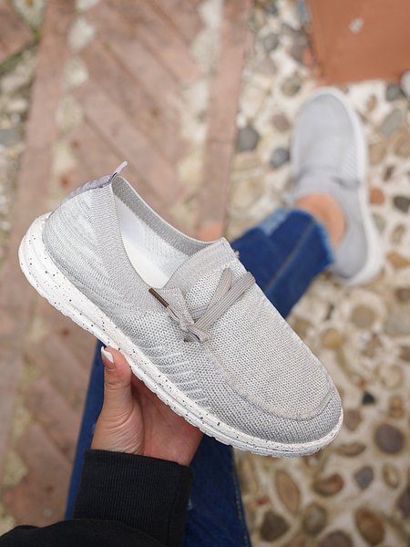 

Striped Flying Knit Set Foot Casual Flat Shoes, Gray, Flats
