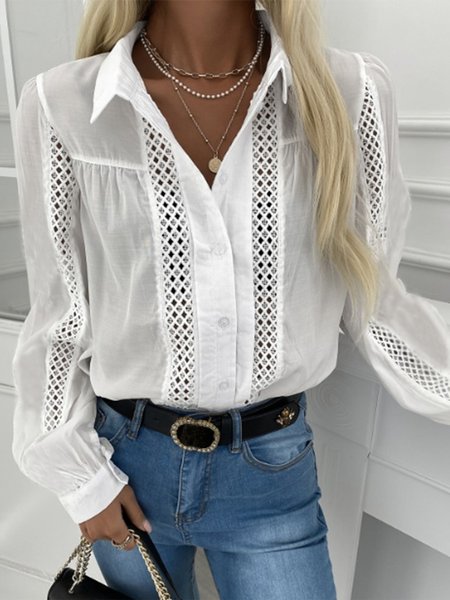 

Solid Elegant Shirt Collar Lace Splicing Top, White, Blouses and Shirts