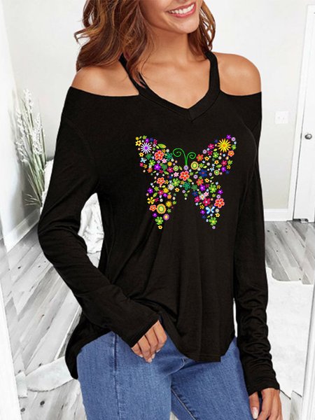 

Round Neck Cold Shoulder Butterfly Casual Long Sleeve Tops, Black, Tops
