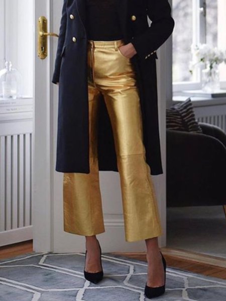 

Regular Fit Elegant Solid Pants, Golden, Wide Leg Pants