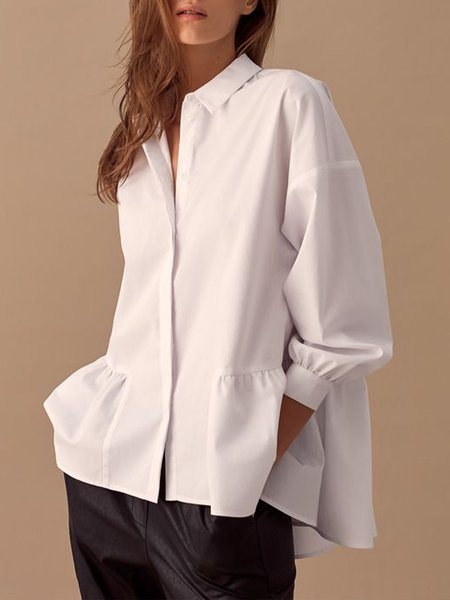 

Casual Loosen Plain Shirt Collar Top, White, Blouses and Shirts