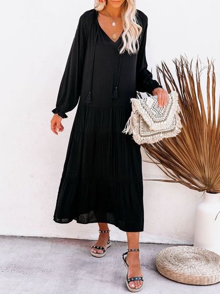 

Casual V Neck Tassel Solid A-line Casual Maxi Dresses, Black, Maxi Dresses