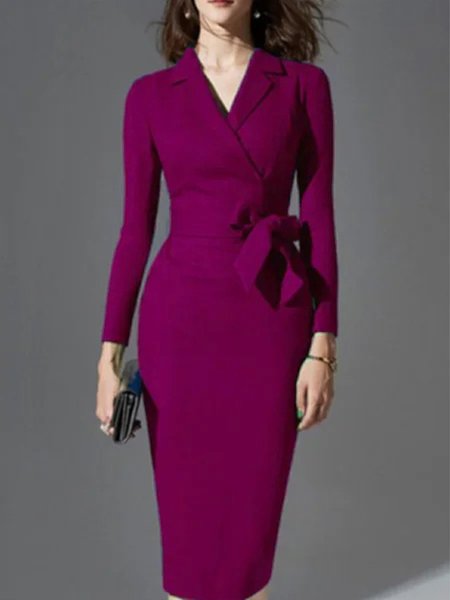 

Lapel Elegant Slim Fit Work Formal Dress, As picture, Midi Dresses
