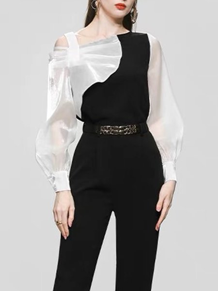 

Elegant Long Sleeve Solid Regular Fit Top, Black-white, Tops