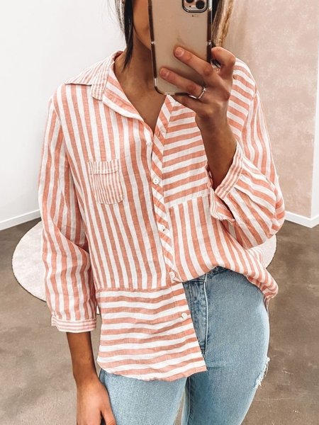 

Casual Three Quarter Shirt Collar Plus Size Striped Tops Blouses, Orange pink, Blouses & Shirts