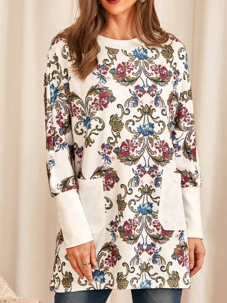 

Cotton Blends Crew Neck Floral Boho Loosen Dresses, Flower, Mini Dresses
