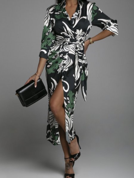 

Regular Fit Elegant Floral Dress, Green, Midi Dresses