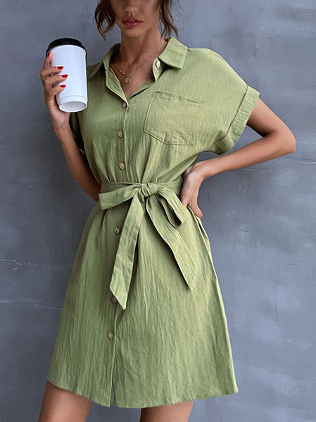 

Plain Shirt Collar Cotton Dresses, Army green, Casual Dresses