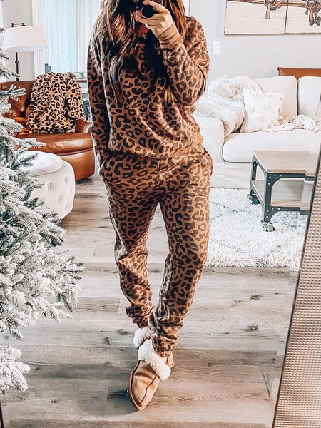 

Leopard Cotton Blends Long Sleeve Suits, Two-piece Outfits