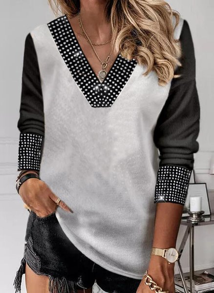 

Cotton Blends Casual V Neck Shirts & Tops, Black-white, Tops