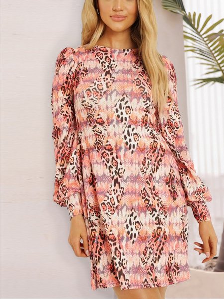 

Casual round neck western leopard print long sleeve straight dress, Multicolor, Mini Dresses