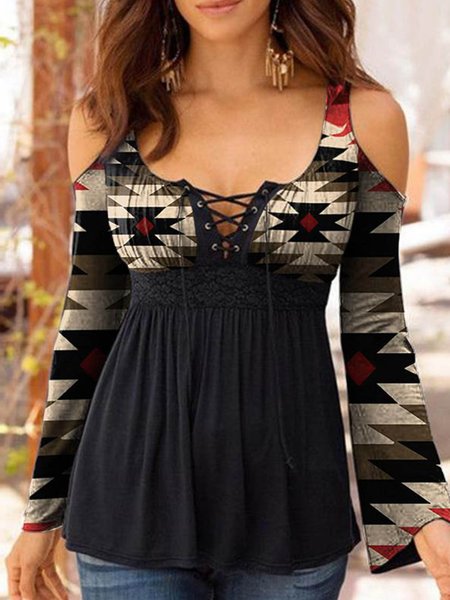 

Long sleeve U-neck geometric Bohemian western style Fit Sexy waist closing thin top Plus Size, Black, Tops