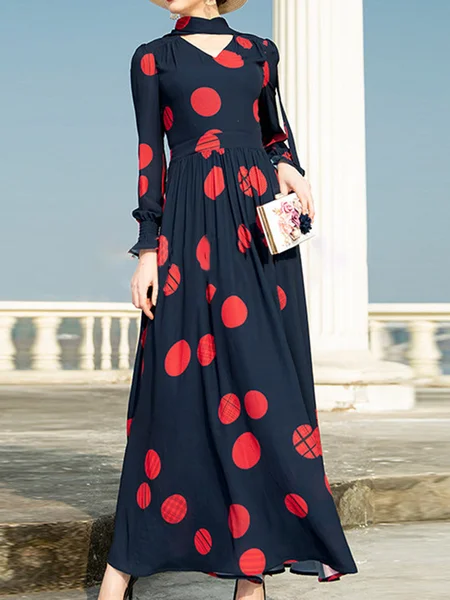 

Elegant Regular Fit Tie Neck Long sleeve Dress, Purplish blue, Maxi Dresses