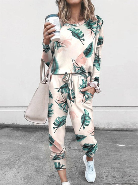 

Leaves Printed Long-sleeved Round Neck Tops & Pants Casual Suits, Green, Suit Set