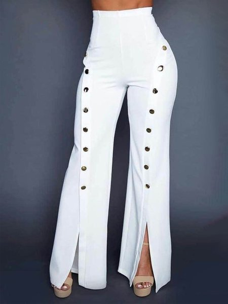 

Elegant Mid Waist Daily Plain Pants, White, Wide Leg Pants