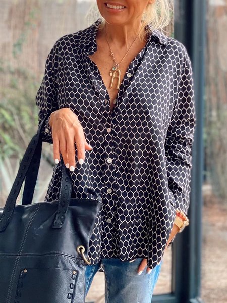 

Geometric Long Sleeve Buttoned Shirt Collar Loosen Shirts & Tops, Black, Tops