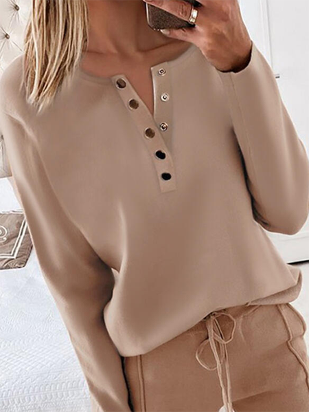 

Long Sleeve V Neck Plain Casual Shirts & Tops, Khaki, Tops