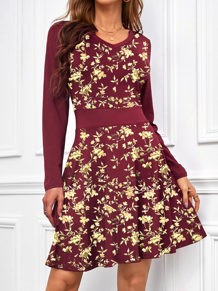

Bronzing floral elegant and noble X-shaped waisted umbrella skirt Vacation Dresses, Wine red, Floral Dresses