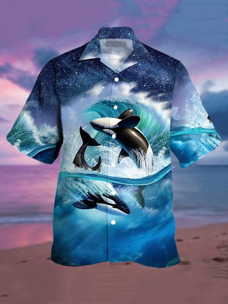 

Mens Galaxy Whale Print Casual Breathable Revere Collar Short Sleeve Hawaiian Shirts, Blue, Shirts ＆ Blouse