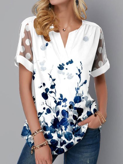 

V Neck Casual Floral Shirts & Tops, White, T-Shirts