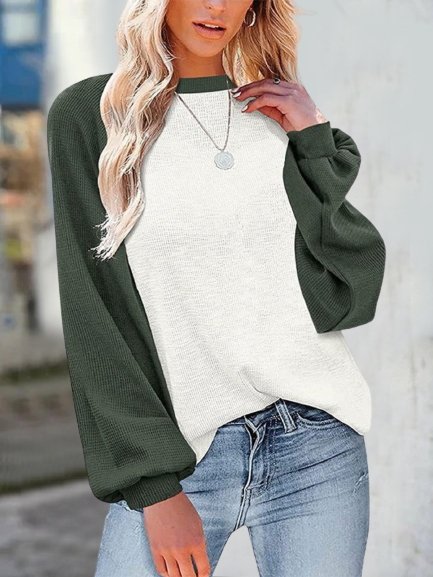 

Color-block Long Sleeves Crew Neck Plus Size Casual Tops, Army green, Tops