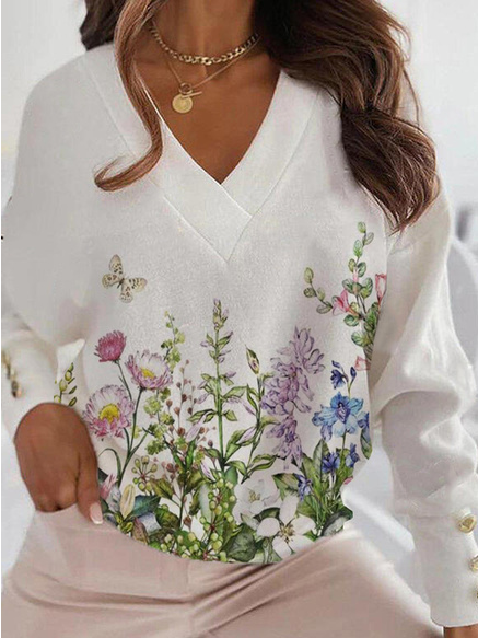 

V Neck Cotton Blends Loosen Shirts & Tops, White, Tops