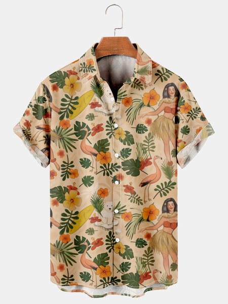 

Holiday Style Hawaiian Series Plant Leaves Hula Dance Beauty Element Lapel Short-Sleeved Shirt Printed Top, Khaki, Men's Floral shirt