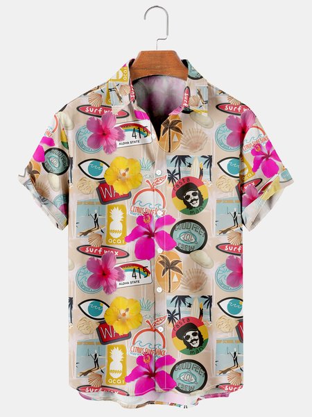 

Holiday Style Hawaiian Series Plant Flower Leaf Element Lapel Short-Sleeved Shirt Print Top, Khaki, Men's Floral shirt