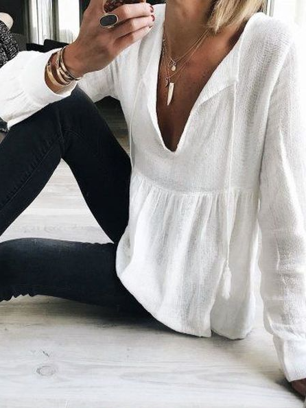 

Loosen V Neck Casual Shirts & Tops, White, Blouses & Shirts
