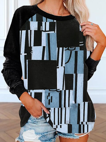 

Geometric Cotton Blends Crew Neck Casual Sweatshirt, Black, Sweatshirts & Hoodies